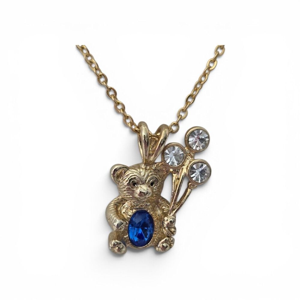 Vintage DM 99 Teddy Bear Blue September Birthstone Pendant Necklace 16"